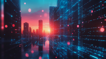 Fototapeta premium Smart digital Innovation city with connection network reciprocity over the cityscape. of future smart wireless digital city and social media networking systems that connects people with in city