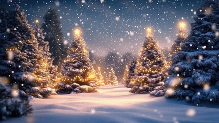 Christmas tree farm with trees covered in snow