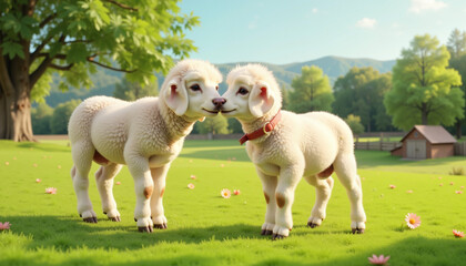 Two adorable lambs nuzzling on green grass, farm tranquility