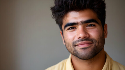 Fototapeta premium Portrait of a young, handsome man with dark hair and a beard, subtly smiling against a neutral background. He exudes confidence and approachability.