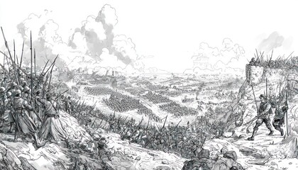 Line art historical military scenes, capturing soldiers, battles, and strategic maps.
