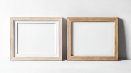 Two empty wooden picture frames on white surface with minimalist design