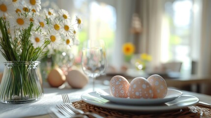 Obraz premium Ultra realistic easter table setting with decorative eggs for elegant holiday meals