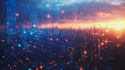 Fototapeta premium Smart digital Innovation city with connection network reciprocity over the cityscape. of future smart wireless digital city and social media networking systems that connects people with in city