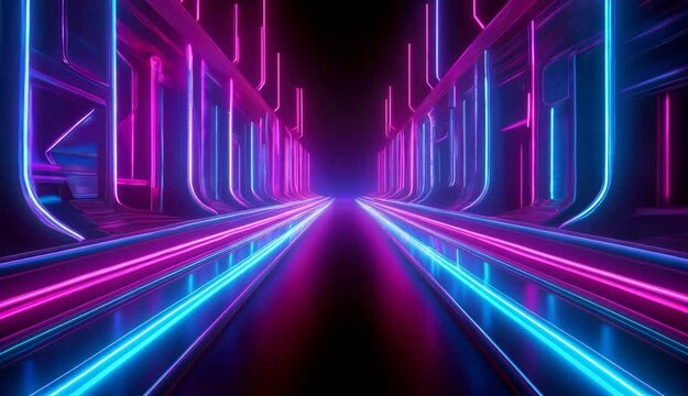 PASILLO OSCURO DE LUCES NEON CON MOVIMIENTO. GENERADO CON AI