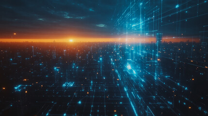 Obraz premium Smart digital Innovation city with connection network reciprocity over the cityscape. of future smart wireless digital city and social media networking systems that connects people with in city