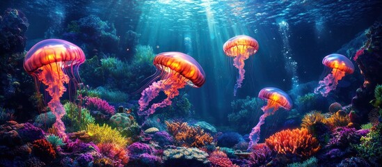 Captivating image of a surreal underwater scene showcasing a vibrant otherworldly marine ecosystem teeming with mesmerizing glowing jellyfish in a kaleidoscope of colors and textures