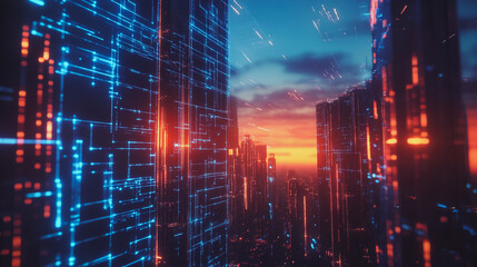 Obraz premium Smart digital Innovation city with connection network reciprocity over the cityscape. of future smart wireless digital city and social media networking systems that connects people with in city