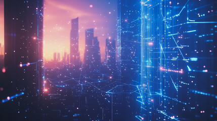 Fototapeta premium Smart digital Innovation city with connection network reciprocity over the cityscape. of future smart wireless digital city and social media networking systems that connects people with in city