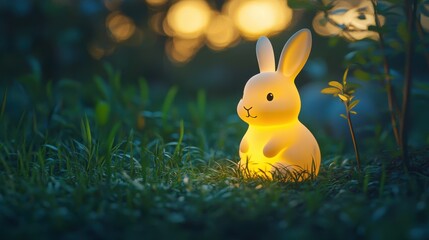Glowing easter bunny in garden setting with illuminated charm