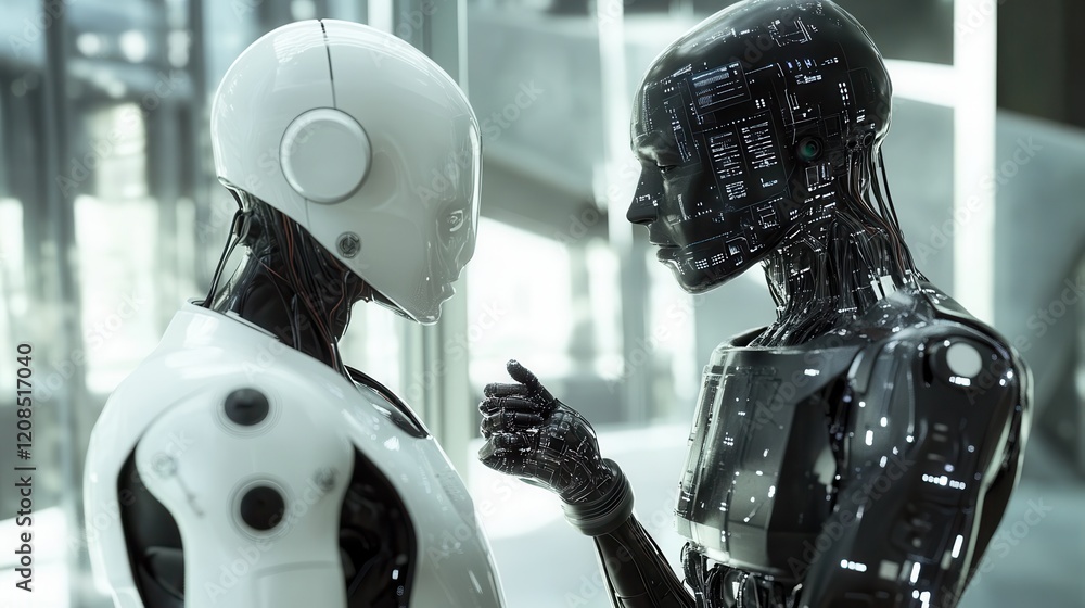 Poster futuristic interaction between two advanced robots in a modern setting