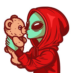 Alien in Red Hoodie Kissing a Teddy Bear Toy, Cute Illustration