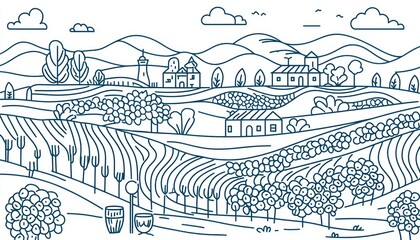 Line art vineyard and winemaking processes, from grape picking to wine tasting.