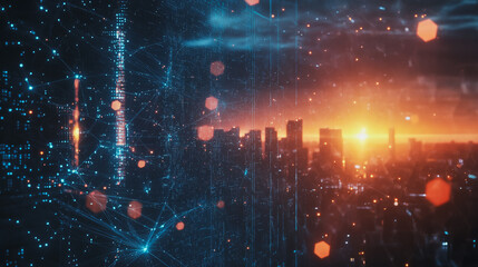 Obraz premium Smart digital Innovation city with connection network reciprocity over the cityscape. of future smart wireless digital city and social media networking systems that connects people with in city