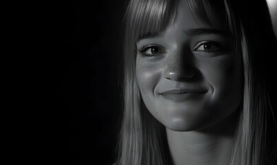 Monochrome portrait of a young woman with freckles, subtly smiling, hair partially obscuring one side of her face.  The image is dark and moody, creating a contemplative mood.