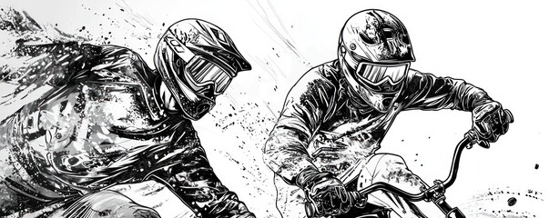 Line art showcasing extreme sports and athletes in action, such as snowboarding and BMX.