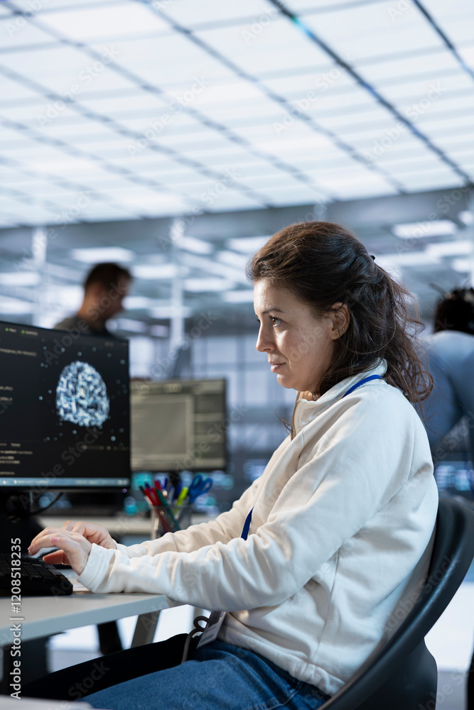 Poster system administrator in ai server room doing system analysis, coding supercomputers. artificial inte
