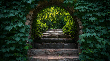 Stone archway leading into verdant forest a lush mystical entrance with ivycovered walls and stone steps the path beckons into the deep green shadows. Mystic Grove. Illustration