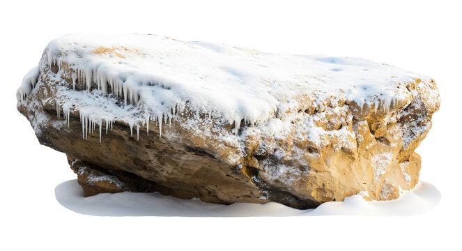 Frozen snow covered sand rock on transparent background 