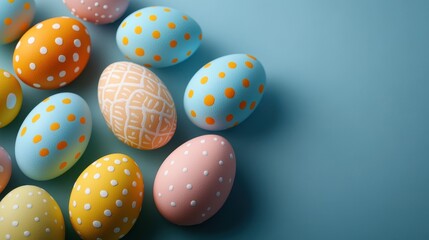 Obraz premium Vibrant easter eggs with polka dot patterns on blue background for holiday celebration