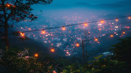 Futuristic landscape with high voltage power lines and illuminated data points for energy management