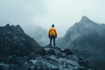 Solitary Hiker Contemplates Misty Mountain Peaks in Dramatic Landscape