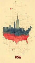 USA Map with City Skyline and Abstract Design