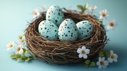 Fototapeta premium Easter nest with blue speckled eggs and spring flowers on light blue background