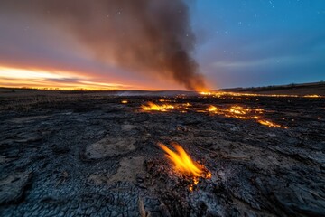 Fototapeta premium A captivating sunset glow illuminates the flames on a barren landscape, showcasing the powerful intersection of beauty and destruction in nature's palette.