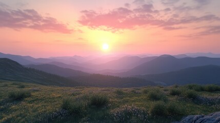 Obraz premium Serene mountain landscape at sunset with lush greenery and colorful sky