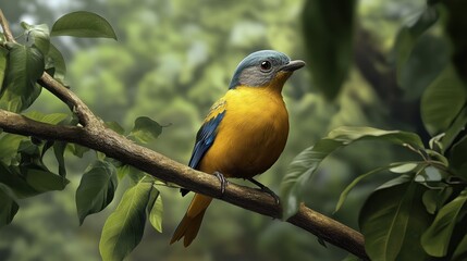 Obraz premium Colorful bird perched on a branch in lush greenery