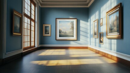 Elegant art gallery with sunlit wooden interiors