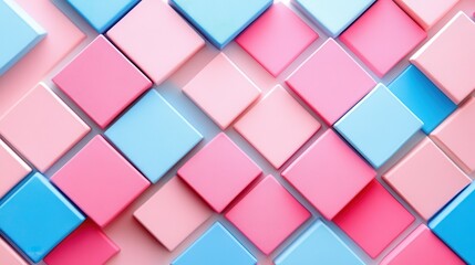 Colorful geometric pattern of pink and blue blocks on a surface