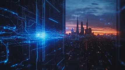 Obraz premium Smart digital Innovation city with connection network reciprocity over the cityscape. of future smart wireless digital city and social media networking systems that connects people with in city