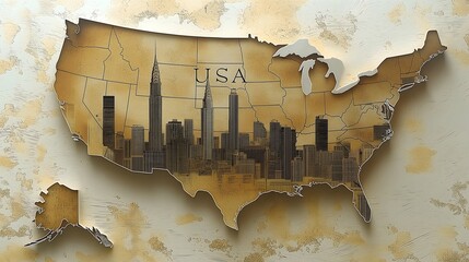 3D USA Map with Urban Skyline in Vintage Style