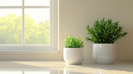 Fototapeta premium Wash workplace and reflective, Two potted plants sit on a countertop by a window, bringing a touch of greenery and freshness to the bright, sunlit space.