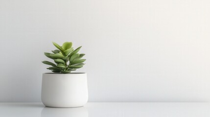 Fototapeta premium Wash workplace and reflective, A small green succulent plant in a white pot sits on a clean surface against a light-colored background.