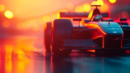Naklejka premium Dramatic Sunset with Racing Car in Soft Focus on Wet Track