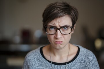 A photo of an angry woman with short dark hair.
