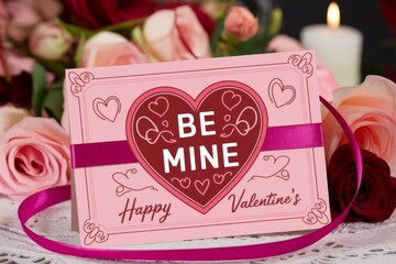 close-up photo of a hand-made postcard with the text "Be Mine" in red hearts. The background is a pattern of red hearts.