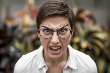 A photo of an angry woman with short dark hair.