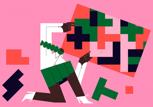 Woman managing her emotions, feelings and thoughts as puzzle parts on her mental space. Emotional intelligence concept illustration.