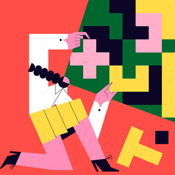 Woman managing her emotions, feelings and thoughts as puzzle parts. Mental well-being concept illustration