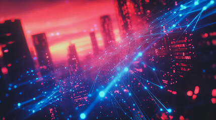 Obraz premium Smart digital Innovation city with connection network reciprocity over the cityscape. of future smart wireless digital city and social media networking systems that connects people with in city