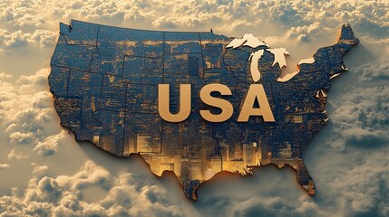 USA Map with Illuminated Cityscape and Cloud Background
