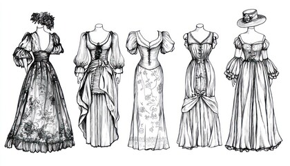 Line drawings historical costumes and clothing from various eras and cultures.