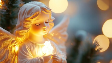 Christmas angel figurine glowing in soft light