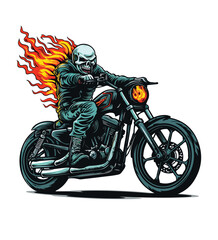 Skeleton is Riding a Classic Motorcycle isolated white background
