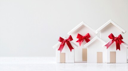White houses with red bows, gift concept, light background, home purchase