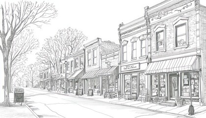 Line drawings small town main streets, featuring local shops and quaint architecture.